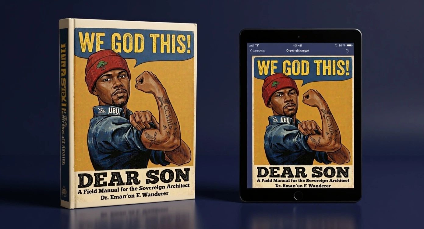 Book and tablet showing "Dear Son" by Dr. Eman'on F. Wanderer with a strong man illustration.