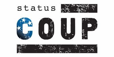 Graphic text reading 'status COUP' with distressed American flag design on 'C'.