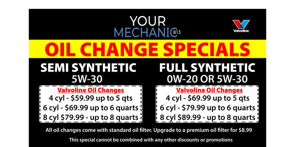 Oil change specials for semi and full synthetic oils with Valvoline pricing.