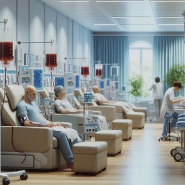 A futuristic dialysis centre with patients receiving care