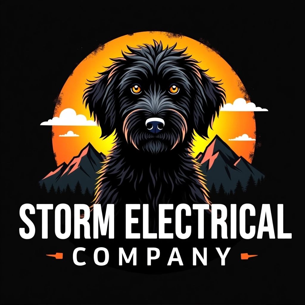 Logo of Storm Electrical Company featuring a black dog against a sunset and mountain backdrop.