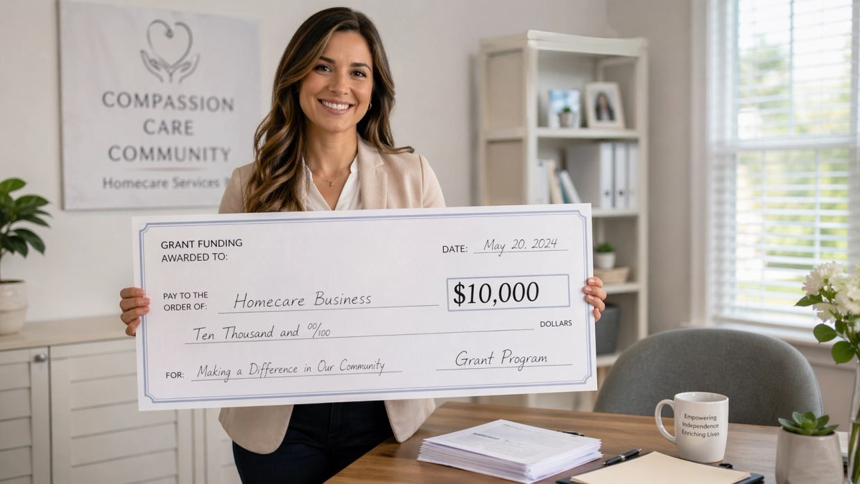 Woman holding a $10,000 grant check for a homecare business.