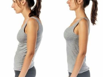 Side-by-side comparison of poor vs. good posture in a woman wearing a gray tank top.