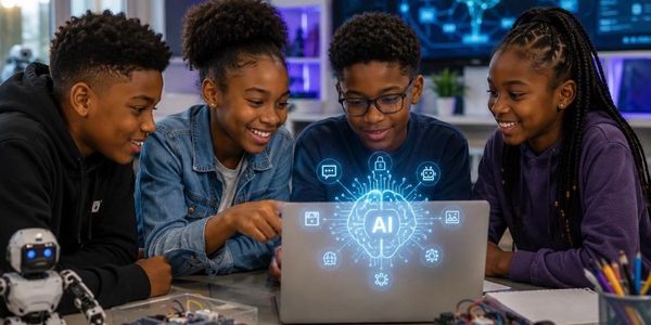 Four kids excitedly exploring AI concepts on a laptop.