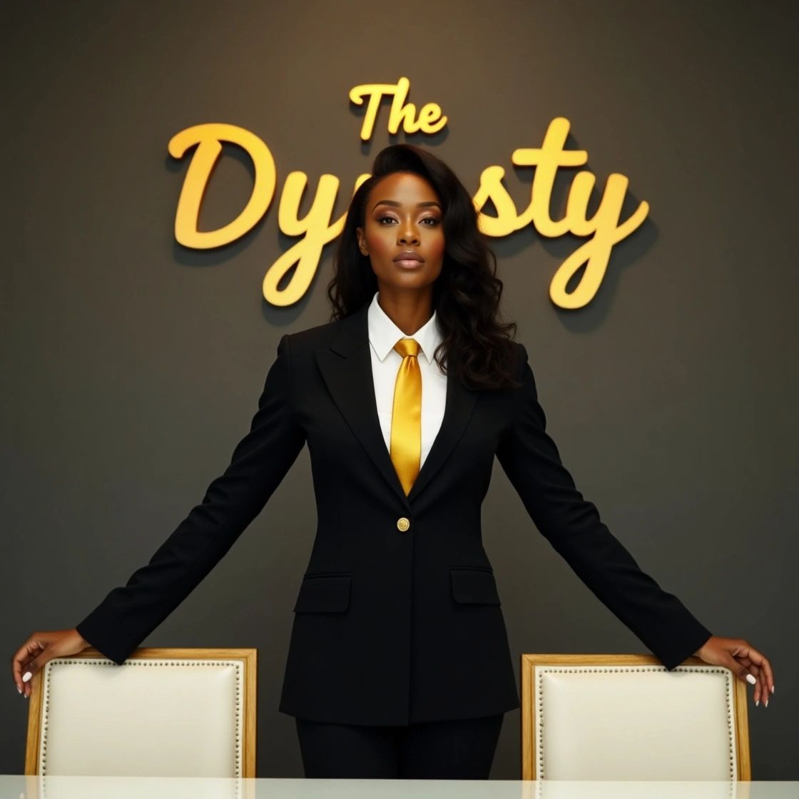 Black woman in a black suit, white button-up shirt and golden tie. The Dynasty written on the wall.