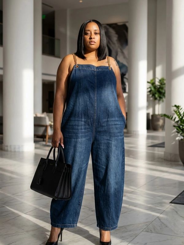 alt="Woman standing in a bright lobby wearing a denim jumpsuit and holding a black handbag."
