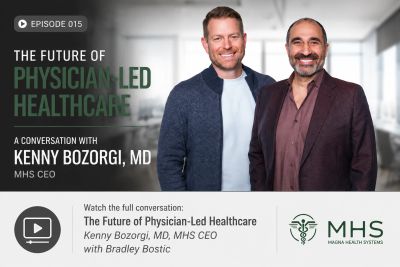 Two men smiling, promoting a healthcare podcast episode.