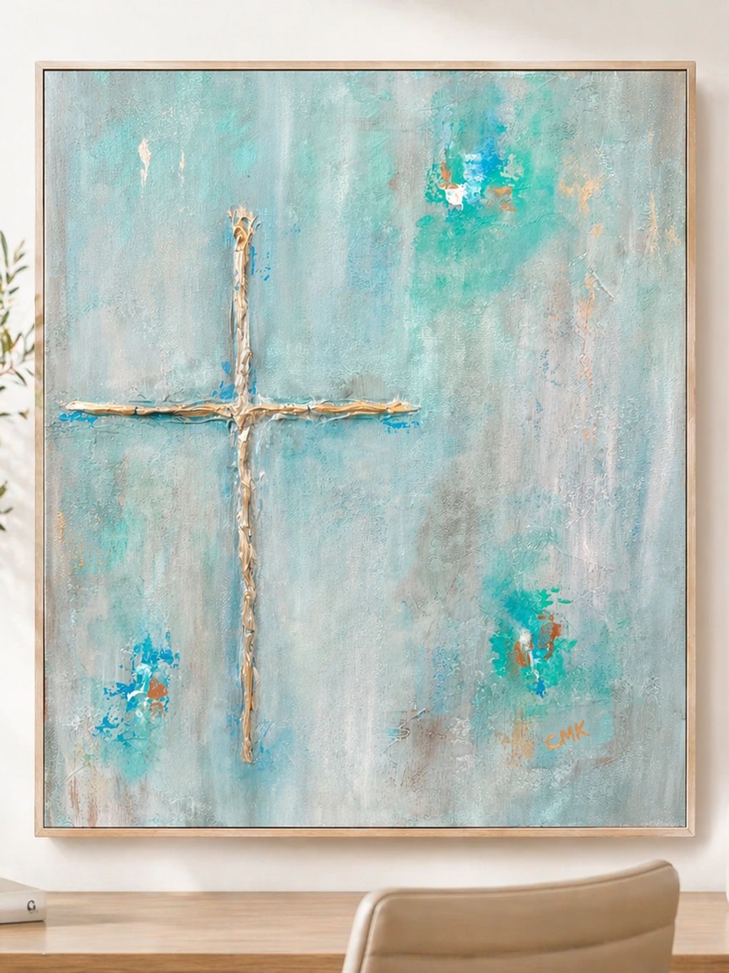 Abstract textured cross painting with turquoise and beige tones.