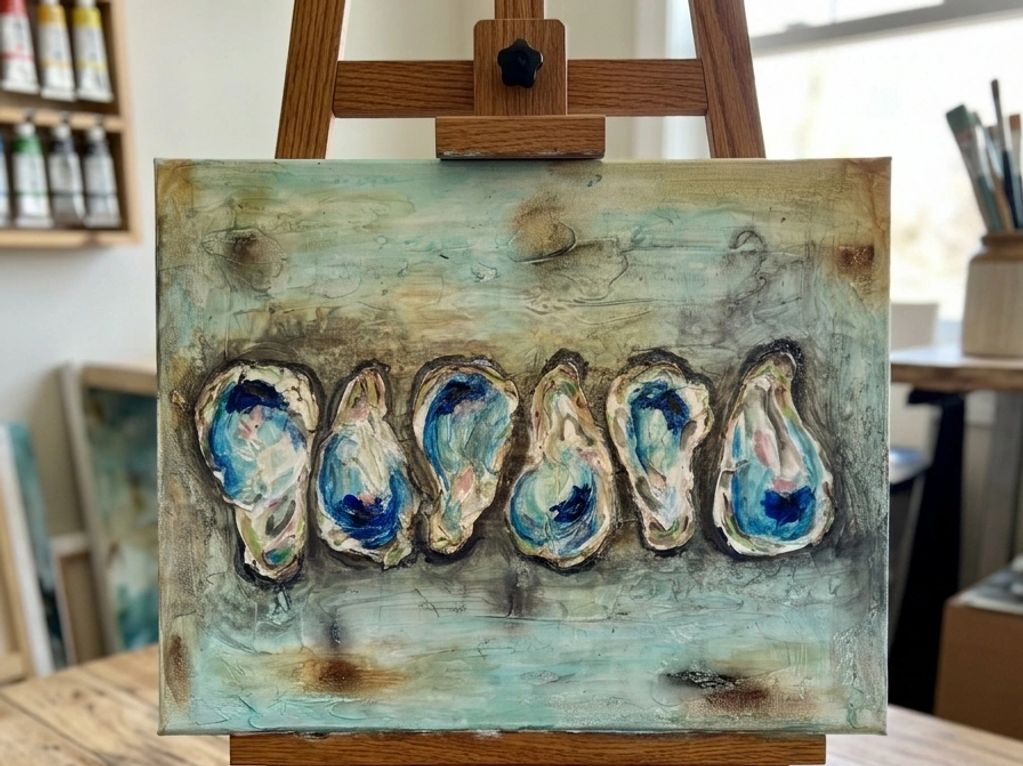 Ocean’s Offerings: Brine & Gold is an original acrylic painting on canvas inspired by the sea.