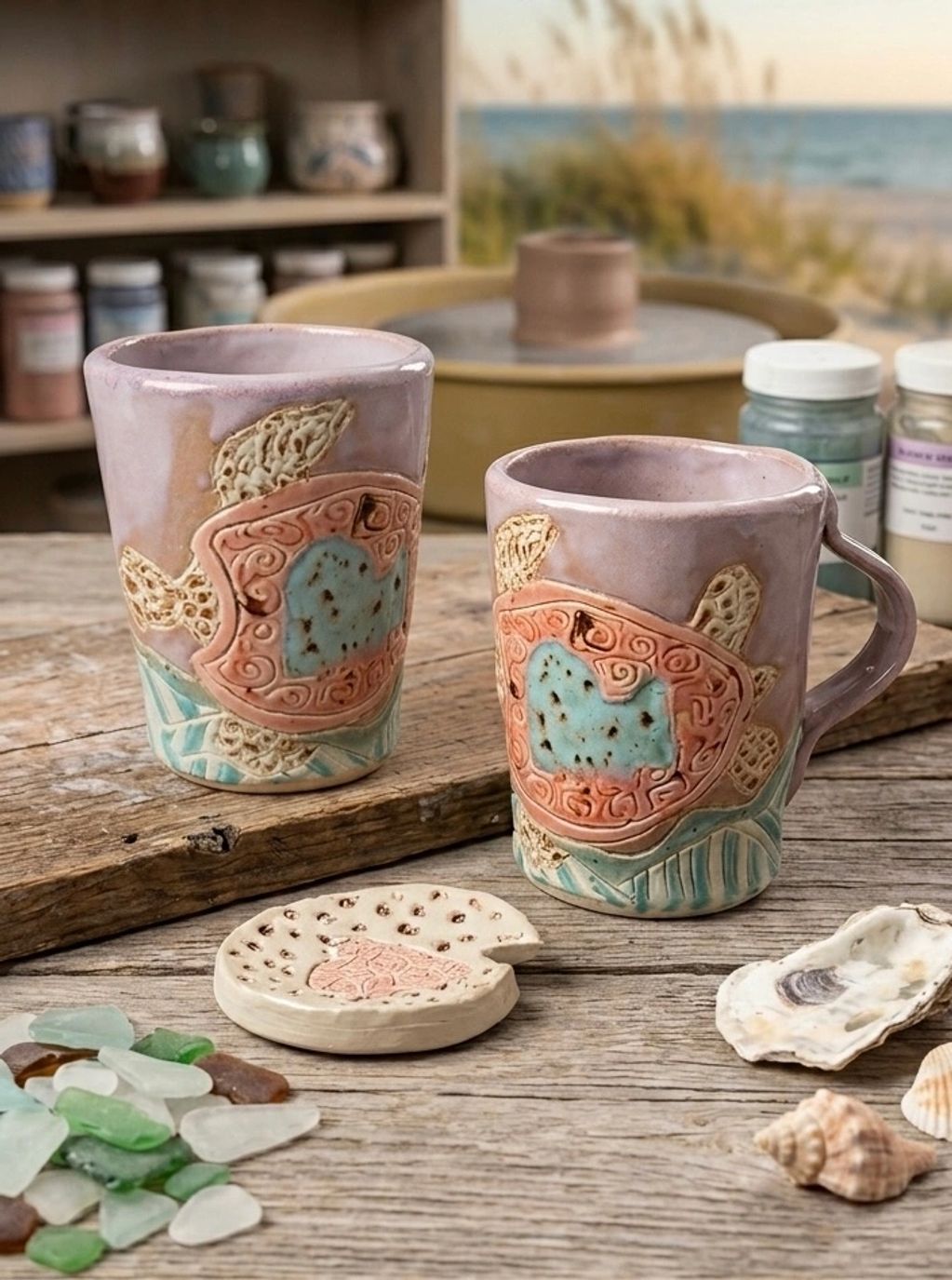 A hand-built mug featuring a sculpted sea turtle in deep teal and ocean blue.