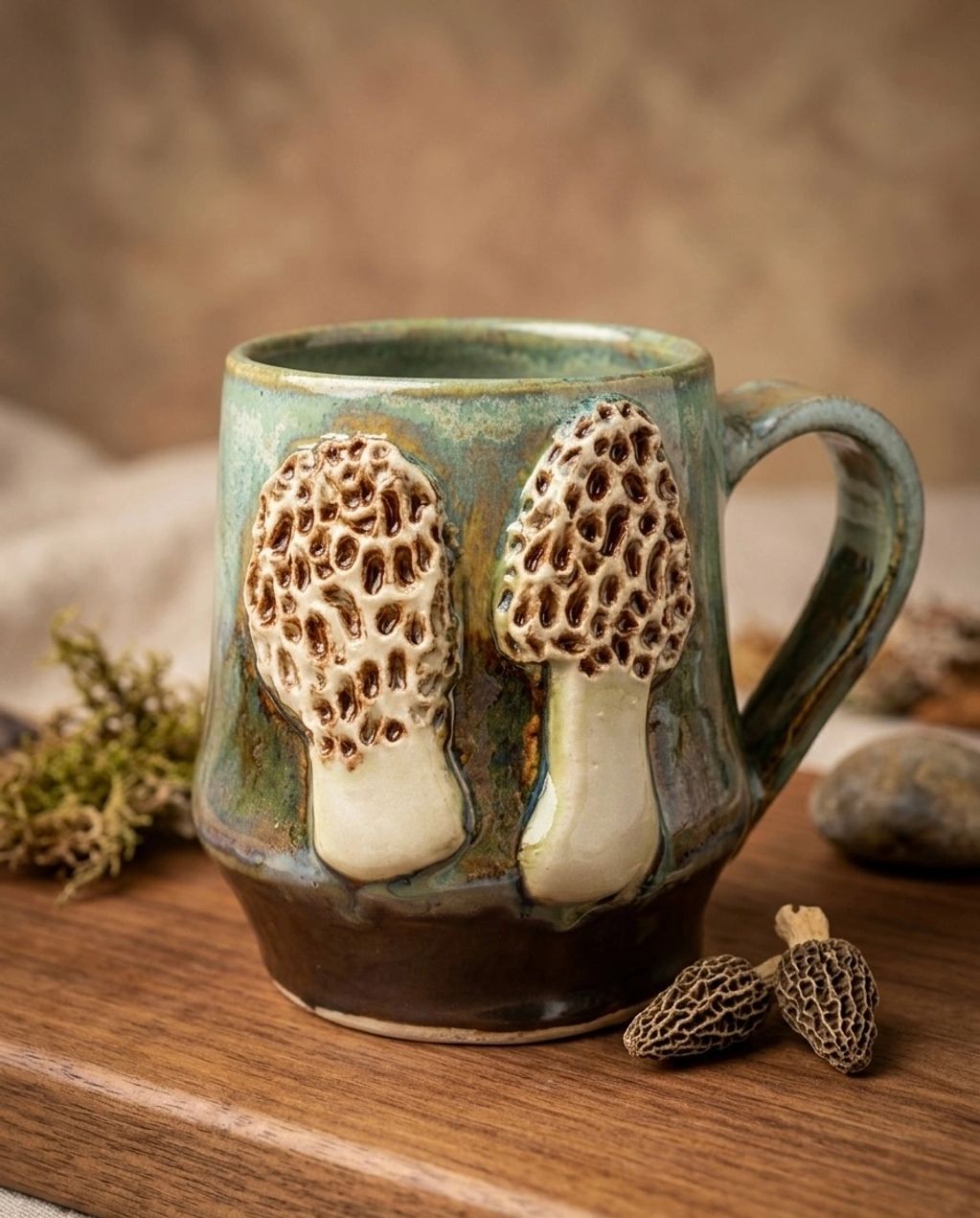 The Forager’s Grand Cup – Handbuilt 16 oz Morel Mushroom Mug (SOLD)