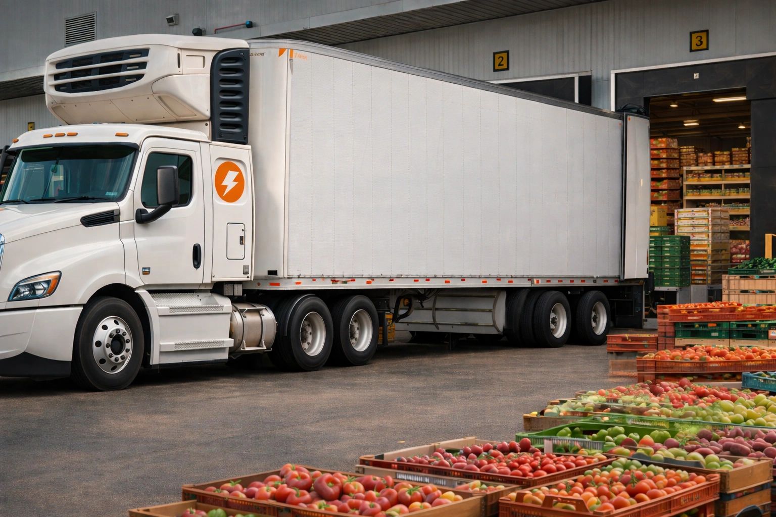 Refrigerated truck at a distribution center.