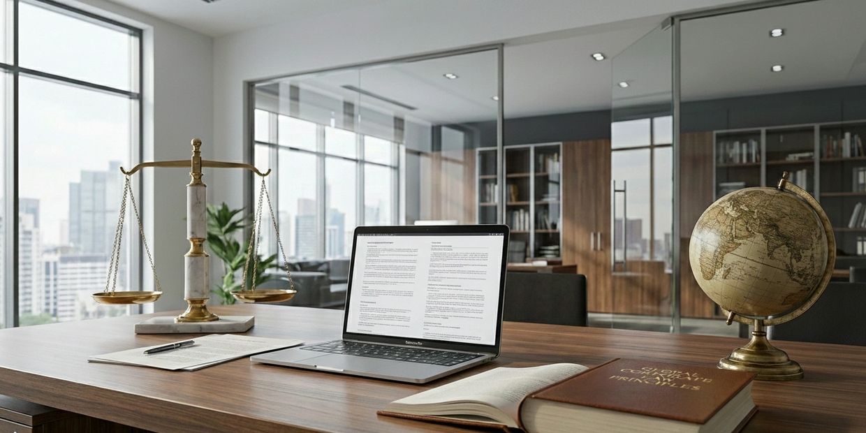 Corporate law desk with justice scale, laptop, legal book, and globe