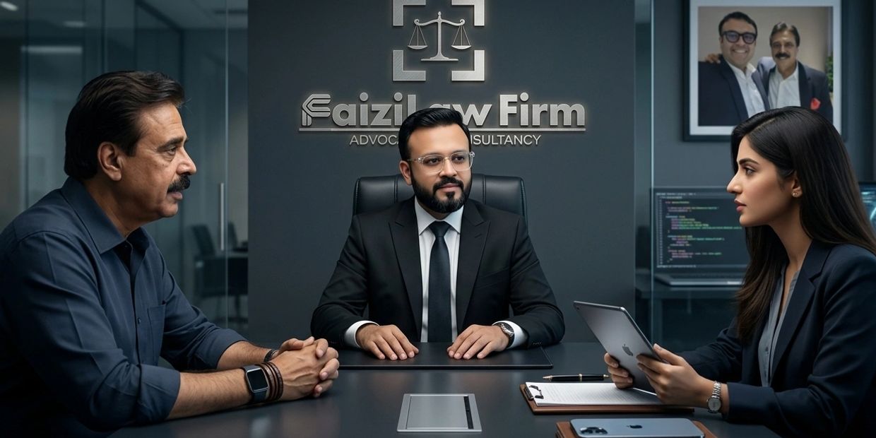 Three professionals in a formal meeting at Faizilaw Firm office.