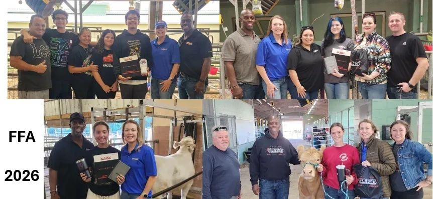 FFA group photos with awards and livestock.