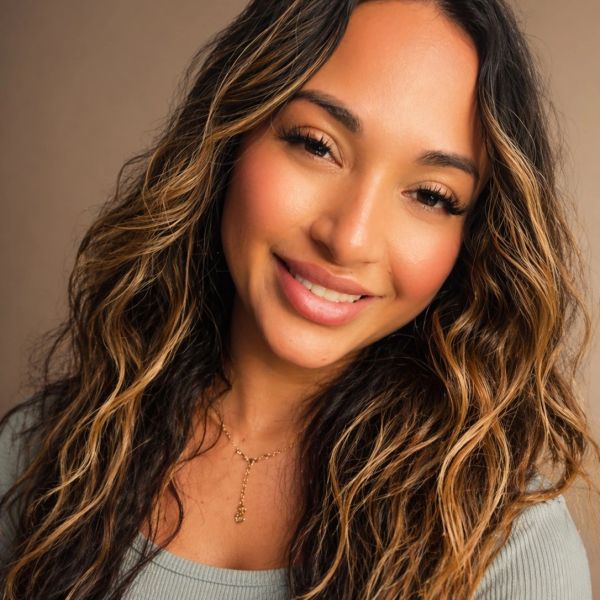 Close-up portrait of a smiling woman with wavy highlighted hair.