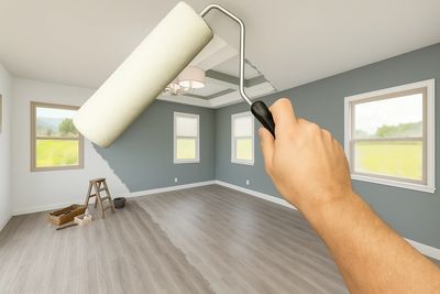 A person uses a paint roller to apply fresh gray paint on the walls of a bright, modern room.