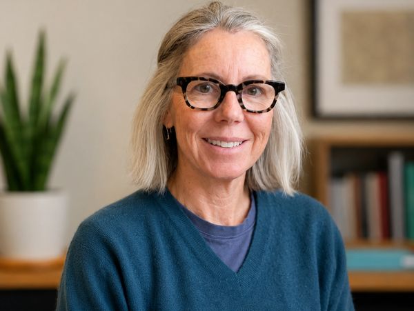Smiling woman with glasses and gray hair in a cozy indoor setting.
