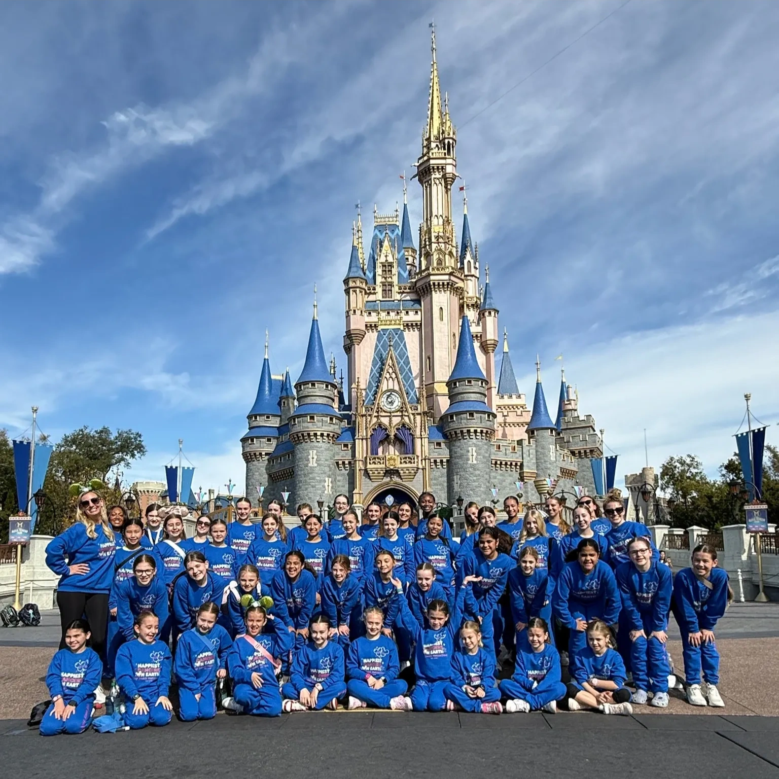 Group photo in front of a Disney castle.