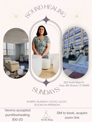Sound Healing Sundays event with in-person and Zoom options at Bristol, CT.