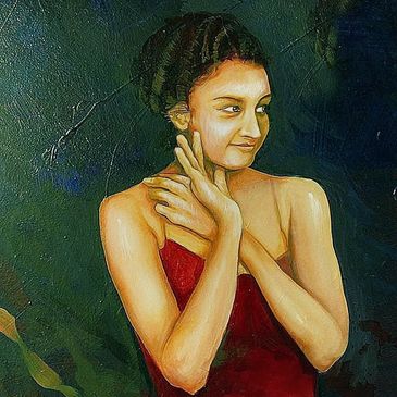 Portrait of a woman in a red dress against a dark background.