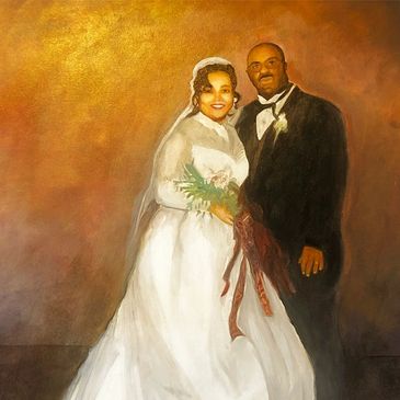 Wedding couple posing in a painting.