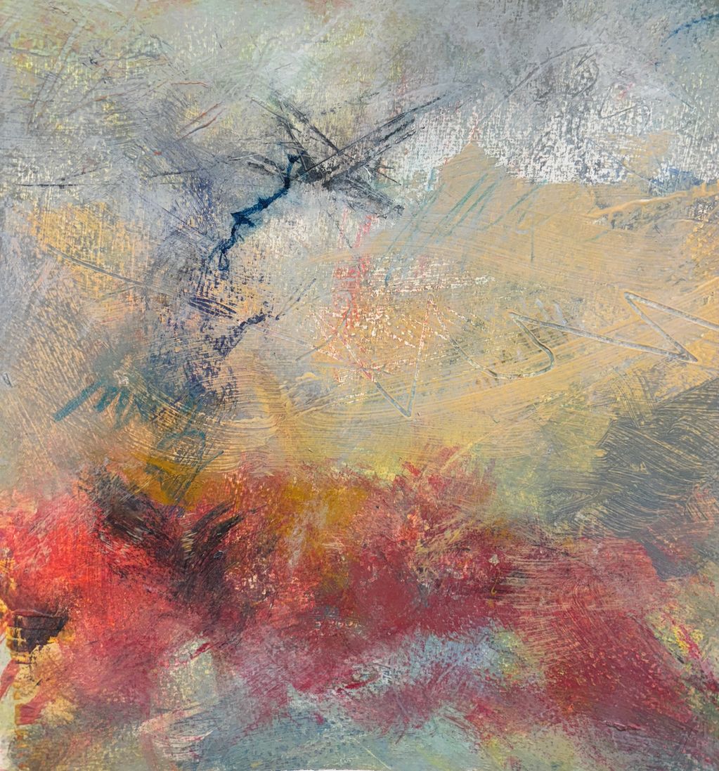 An archival quality print with Gray and blue sky and dark blue lightning streak coming down into a b