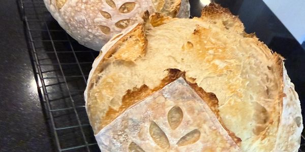 Two freshly baked artisan loaves with decorative scoring cooling on a rack.