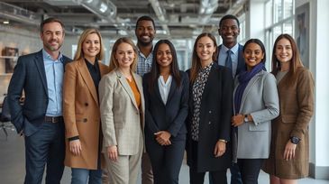 Diverse group of professionals smiling in a modern office setting.
