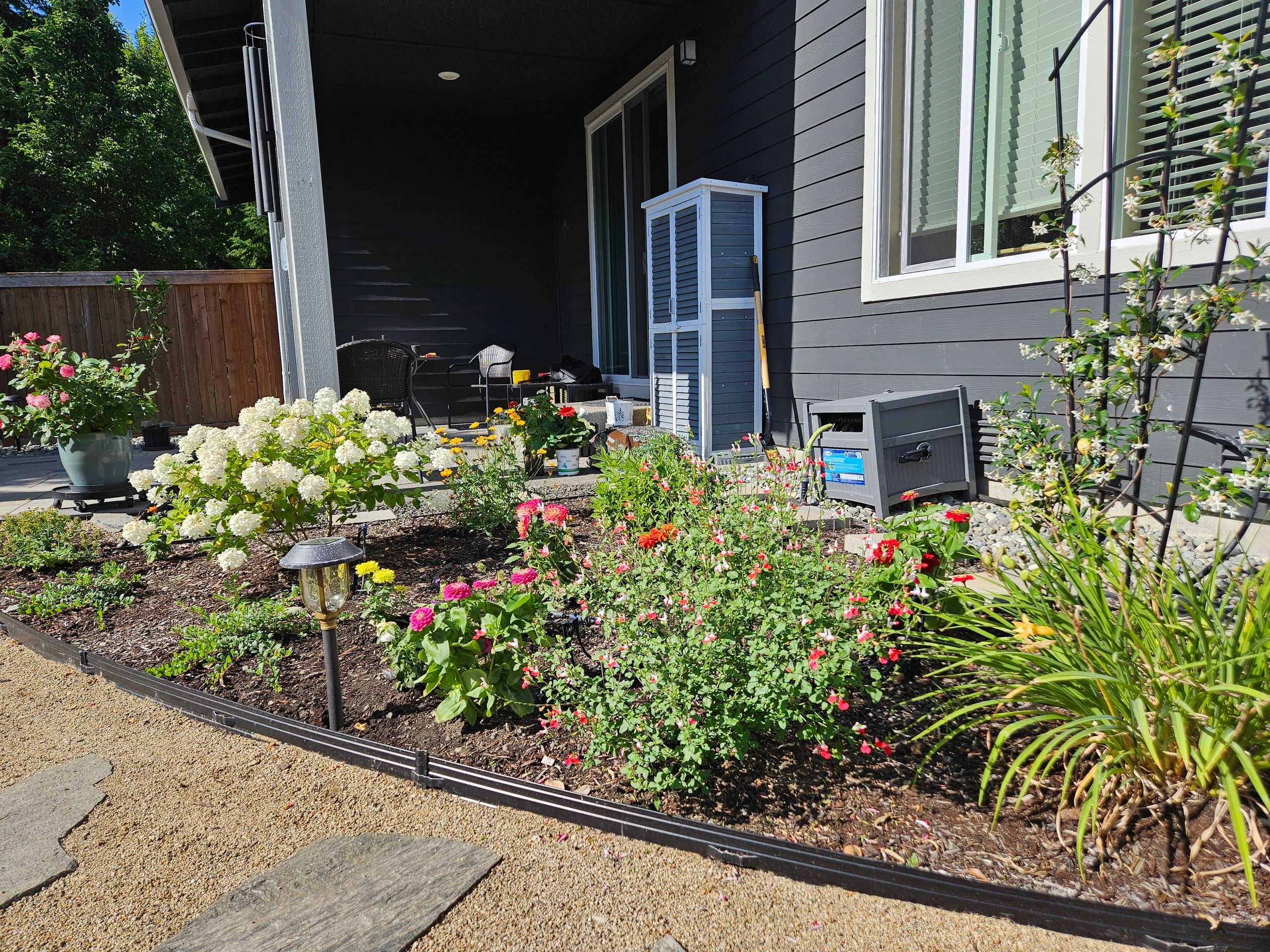 Colorful flower garden bed beside a gray house patio under bright sunlight.