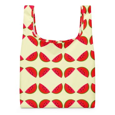 Reusable bag with a watermelon slice pattern on a light background.