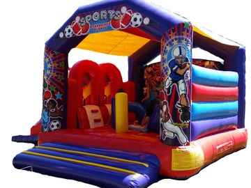 Sports Combo bounce house with two slides down the side, perfect for younger kids.