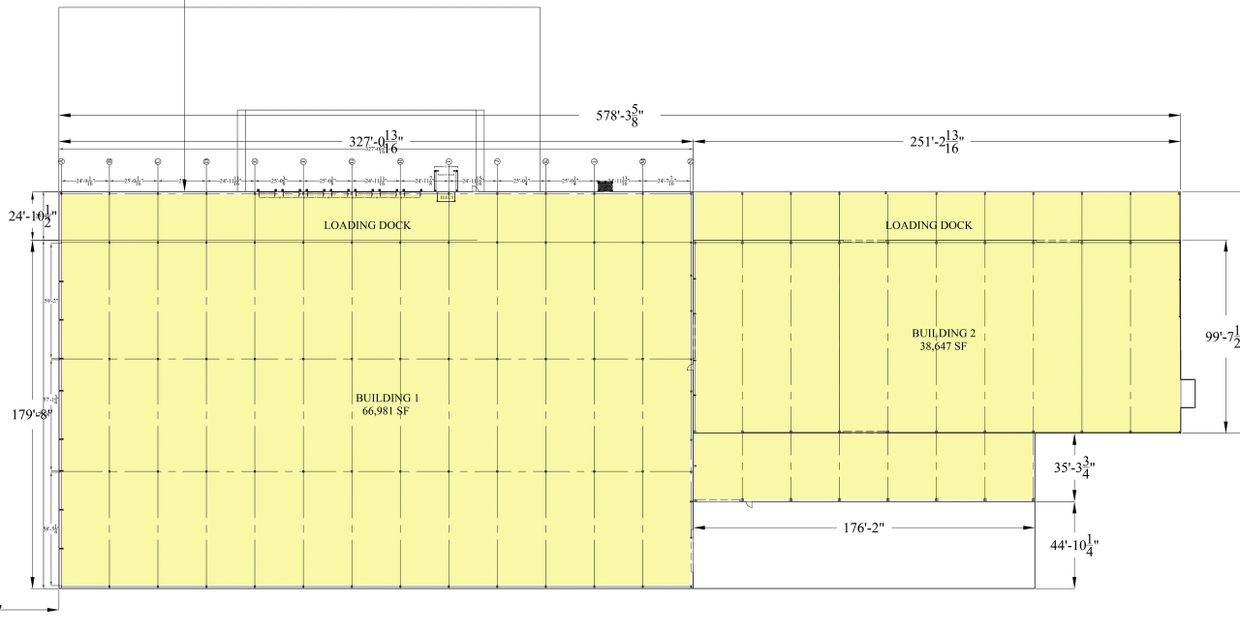 Floor plan of two commercial buildings. Total square footage is 105,628 square feet