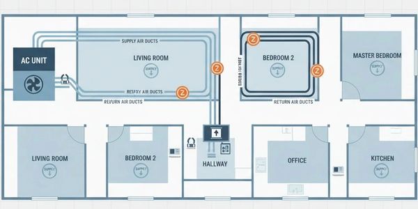 Ducted AC system layout showing cool air supply and zone control in a house.