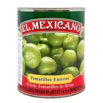 Tin of "Tomatillos Enteros" by El Mexicano. Image of green whole tomatillos on label.