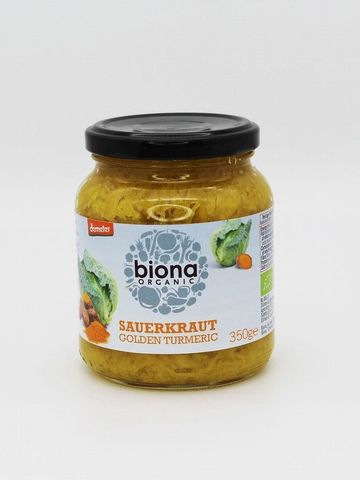 Glass jar of biona organic brand golden turmeric sauerkraut