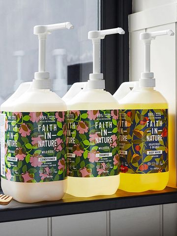 Image of three 5 litre containers of Faith in Nature brand body wash.