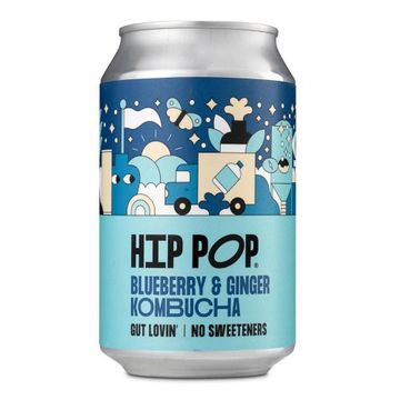 Can of hip pop brand blueberry and ginger kombucha