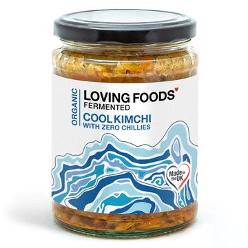 Glass jar of loving foods brand cool kimchi with zero chillies