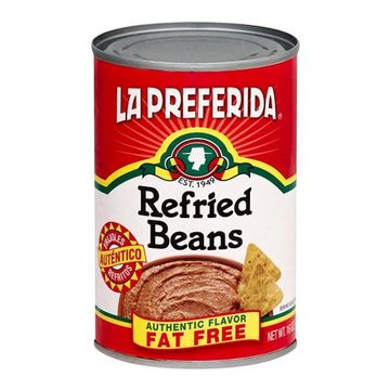 Tin of La Preferida's fat free Refried Beans. Red, green, yellow and white Mexican colours on label.