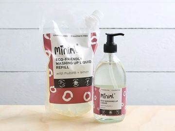Image of refillable bottle of Minimal brand washing up liquid and refill bag.