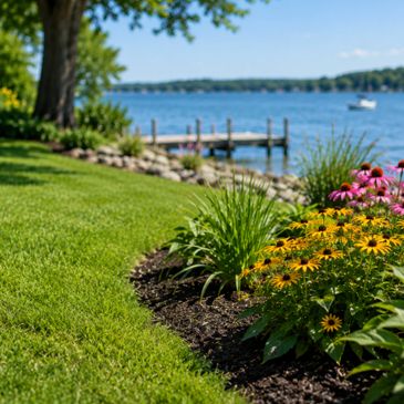 Beautiful lakeside garden with vibrant flowers and lush green lawn.
