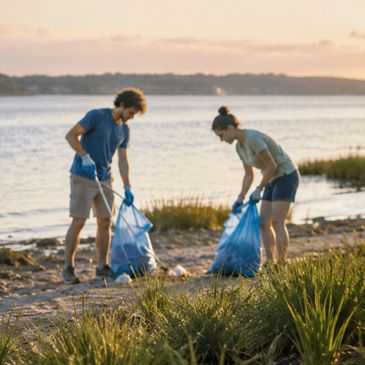 Two people cleaning up trash on a beach at sunset.