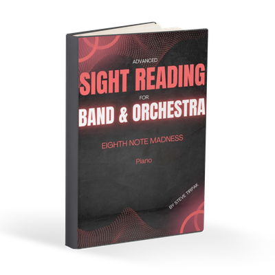 Book titled Advanced Sight Reading for Band & Orchestra: Eighth Note Madness for Piano.