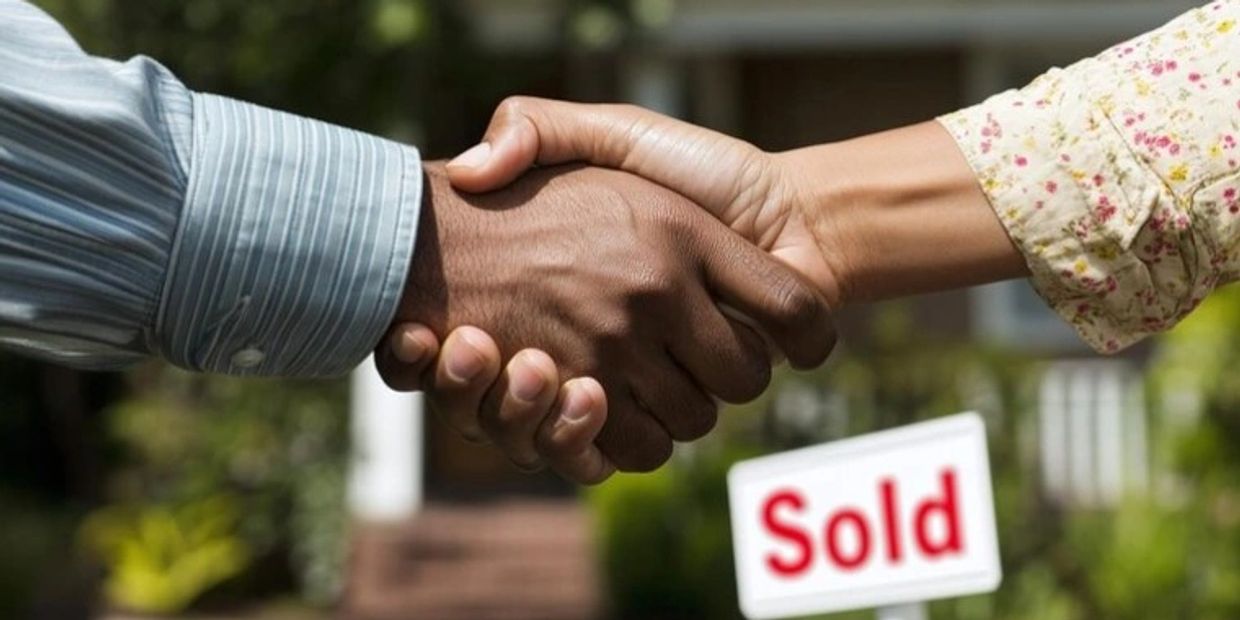 A man and woman shaking hands in front of a sold sign.