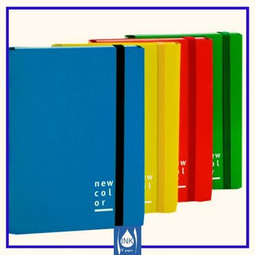 Colorful notebooks in blue, yellow, red, and green with elastic bands.