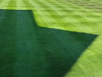 Sun casts a large shadow on a well-manicured green lawn with striped mowing patterns.