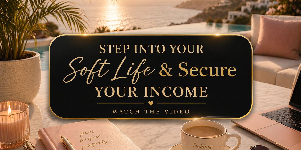 Cozy workspace by the pool with a motivational sign at sunset.