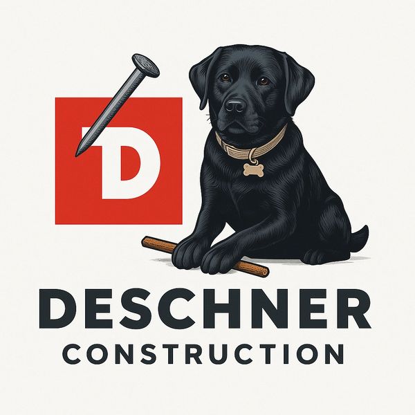 Logo of Deschner Construction featuring a black dog and nail with a red 'D'.