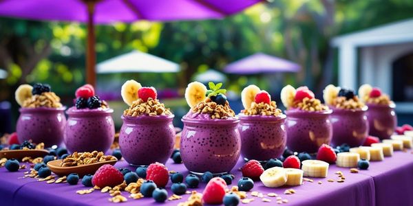 Purple smoothie bowls topped with granola and fresh fruit on a purple tablecloth.